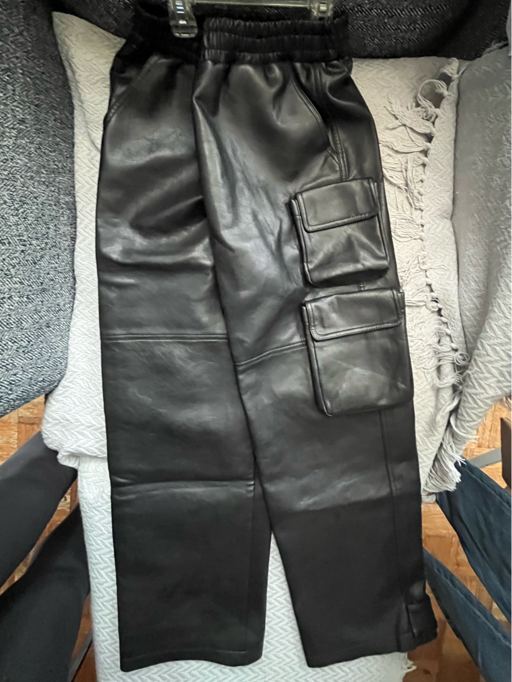 Black Faux Leather Cargo pants with Patch Pockets